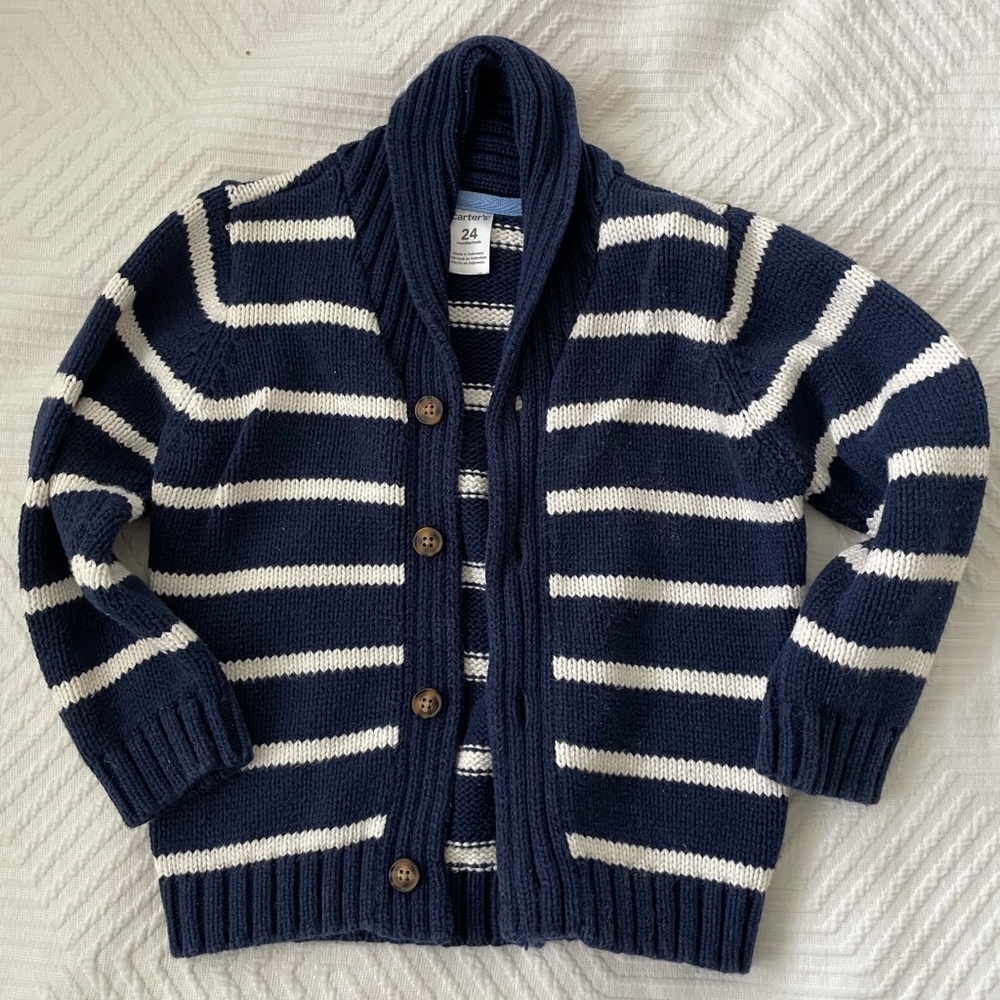 Navy and white striped button down sweater